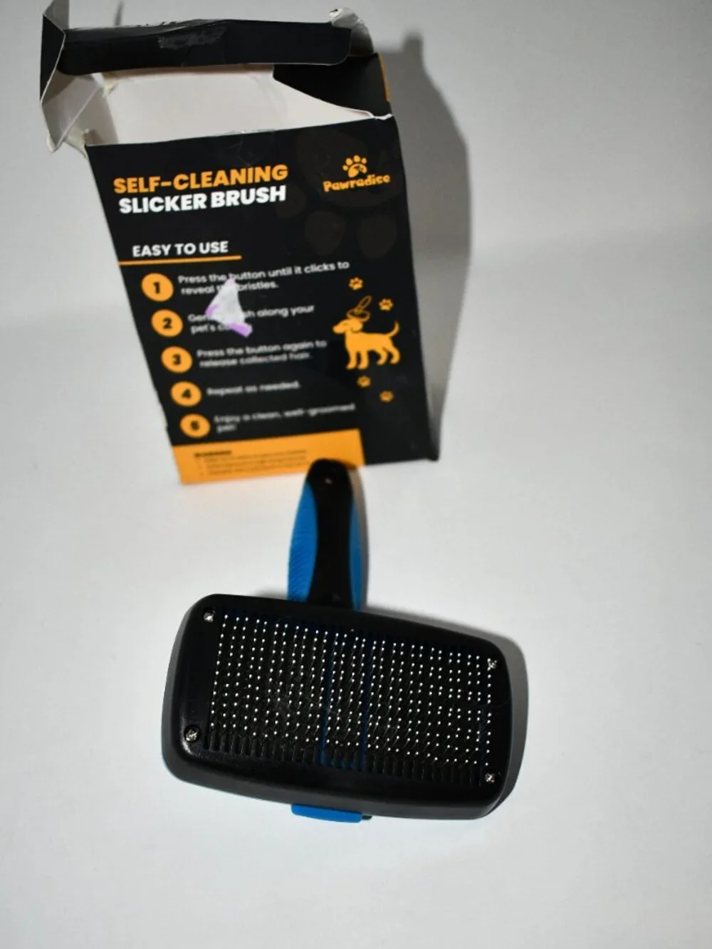 Pawradise Self-Cleaning Slicker Brush for Dogs & Cats Pet Grooming Blue & Black